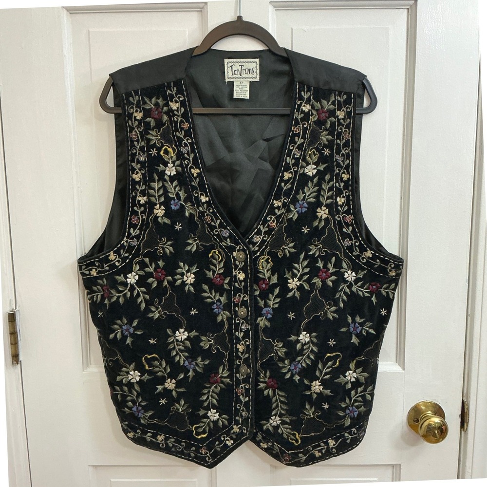 TanTrums Embroidered Cotton Velvet Vest 1X Floral Boho Western Dark Academia Vtg